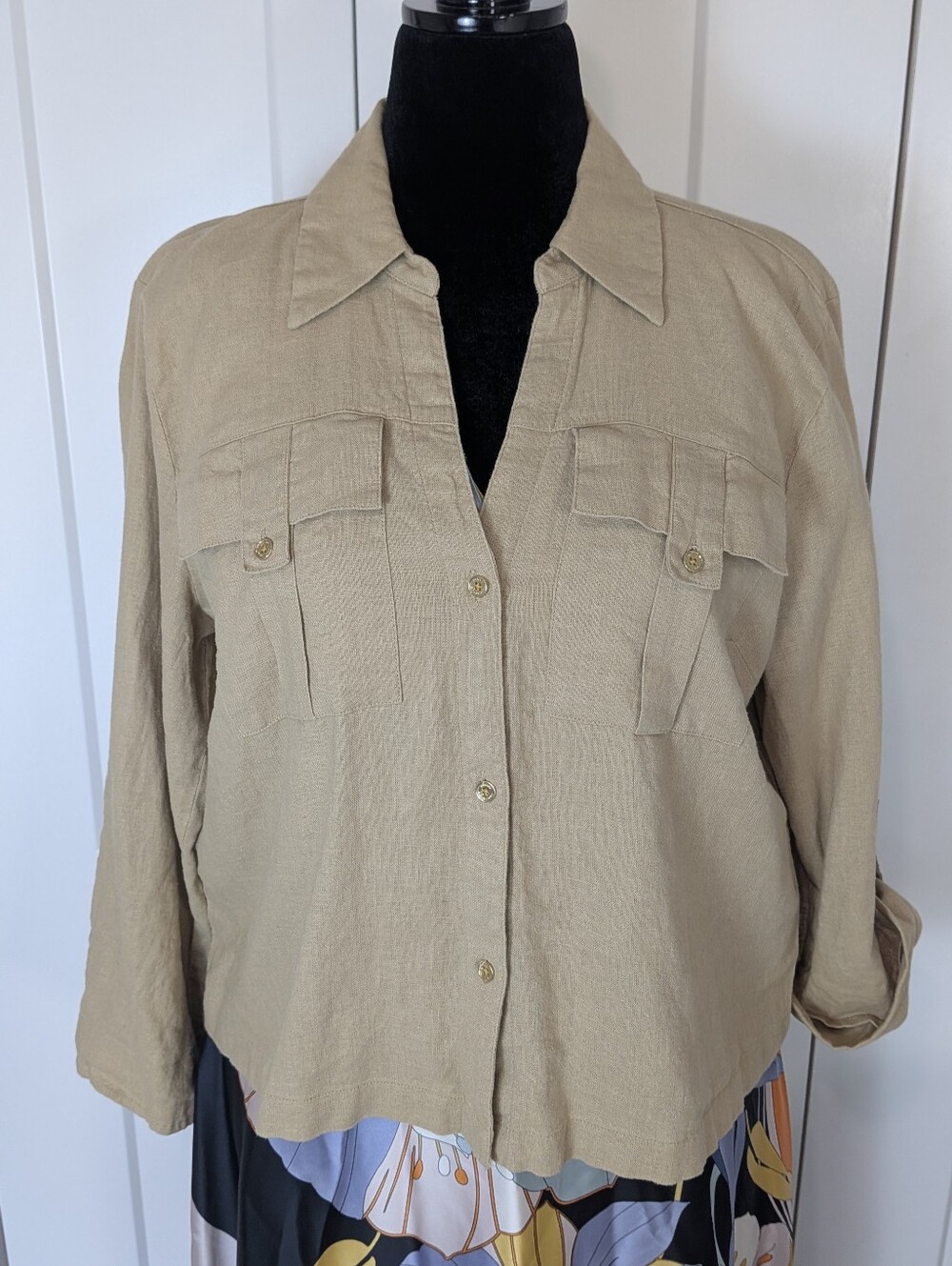 Michael Kors Womens Beige Solid Collared Long Sleeve Button-Up Linen blend Sz L